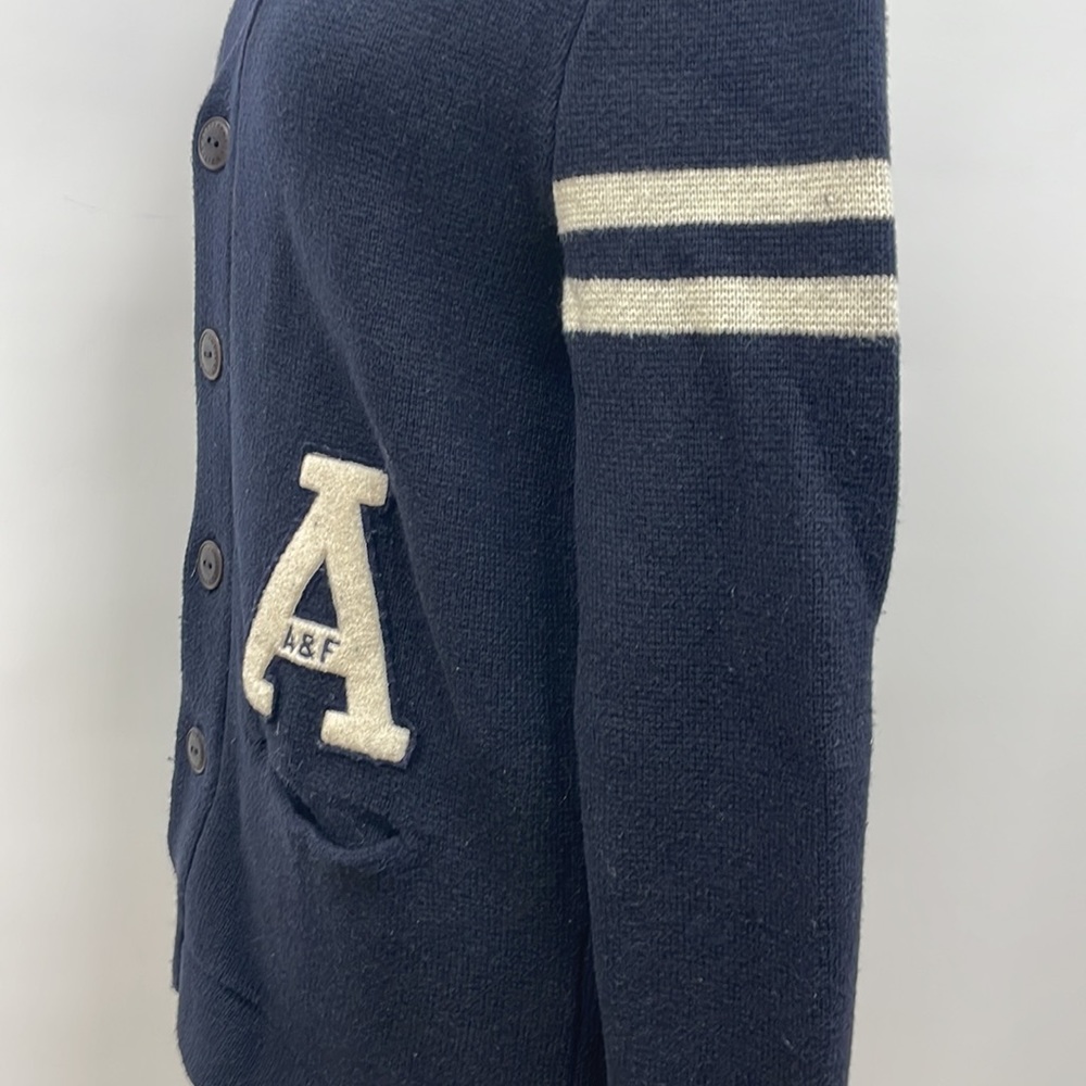 Abercrombie & Fitch Navy Cardigan with White Stripes & Letter Patch - Picture 5 of 9
